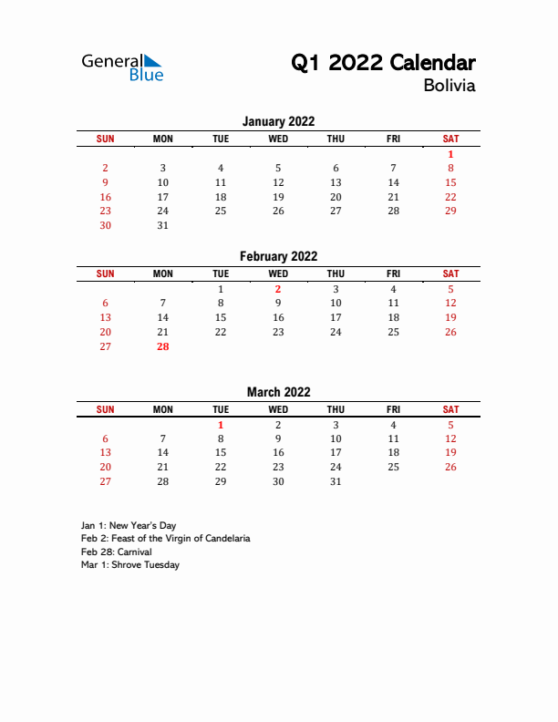 2022 Q1 Calendar with Holidays List for Bolivia