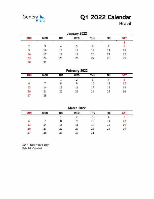 2022 Q1 Calendar with Holidays List for Brazil