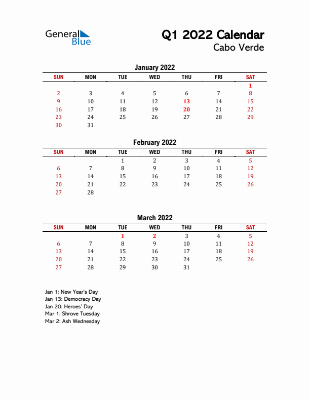 2022 Q1 Calendar with Holidays List for Cabo Verde