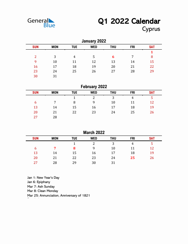 2022 Q1 Calendar with Holidays List for Cyprus