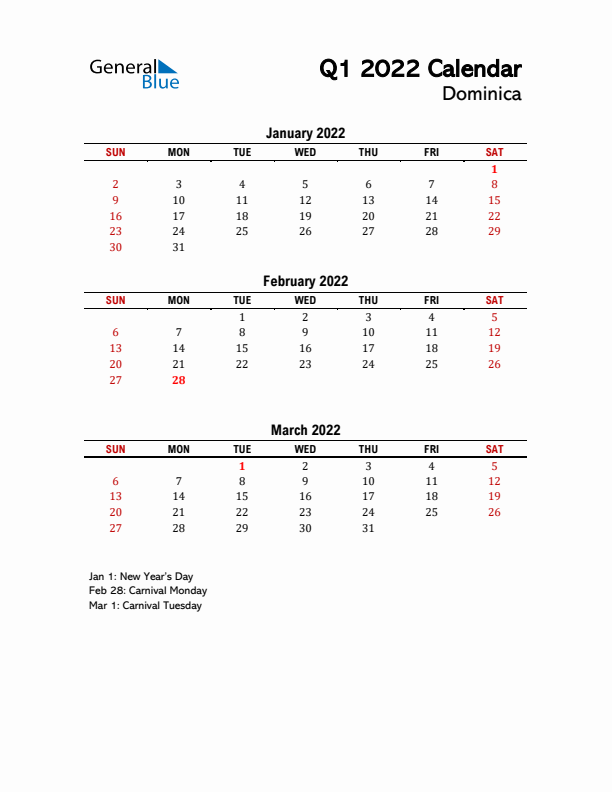 2022 Q1 Calendar with Holidays List for Dominica