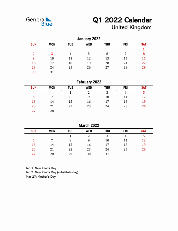 2022 Q1 Calendar with Holidays List for United Kingdom