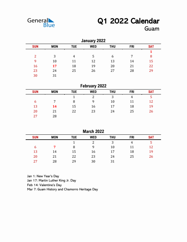 2022 Q1 Calendar with Holidays List for Guam