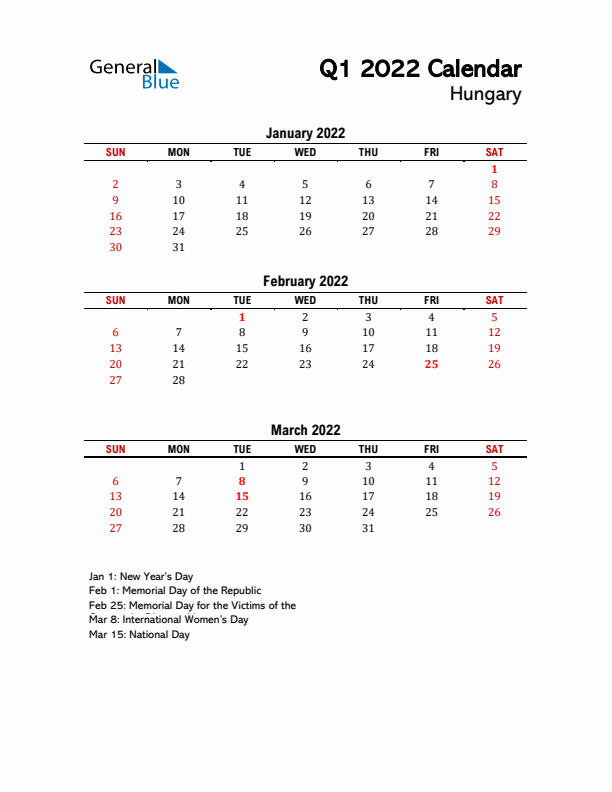 2022 Q1 Calendar with Holidays List for Hungary