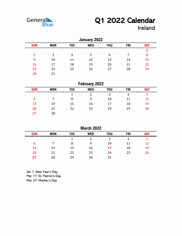 2022 Q1 Calendar with Holidays List for Ireland