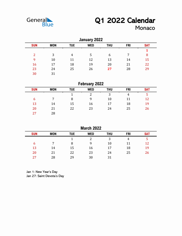 2022 Q1 Calendar with Holidays List for Monaco