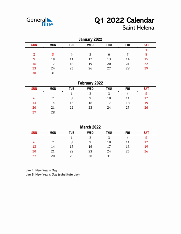 2022 Q1 Calendar with Holidays List for Saint Helena