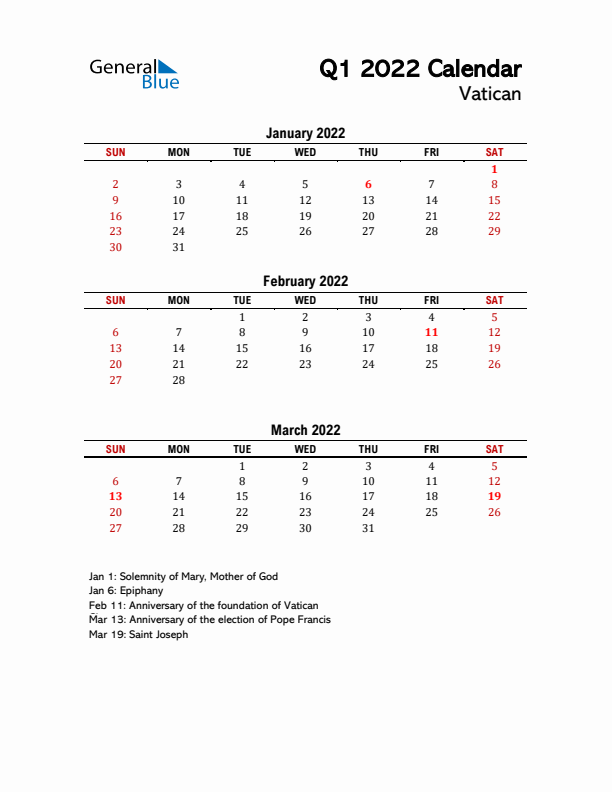 2022 Q1 Calendar with Holidays List for Vatican