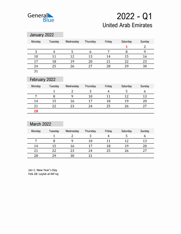 United Arab Emirates Quarter 1 2022 Calendar with Holidays