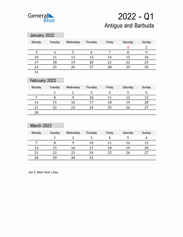 Antigua and Barbuda Quarter 1 2022 Calendar with Holidays