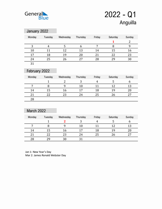 Anguilla Quarter 1 2022 Calendar with Holidays