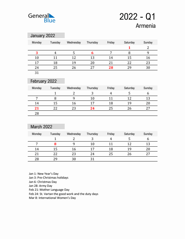 Armenia Quarter 1 2022 Calendar with Holidays