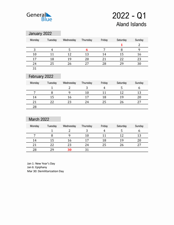 Aland Islands Quarter 1 2022 Calendar with Holidays