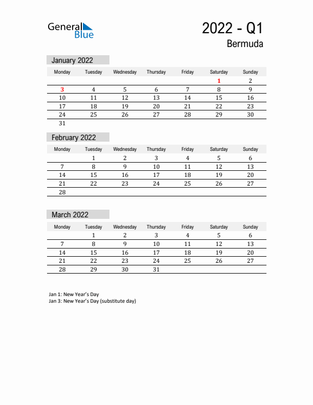 Bermuda Quarter 1 2022 Calendar with Holidays