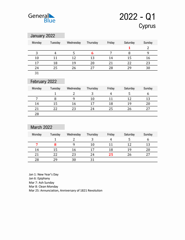 Cyprus Quarter 1 2022 Calendar with Holidays