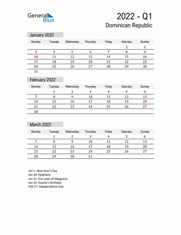 Dominican Republic Quarter 1 2022 Calendar with Holidays