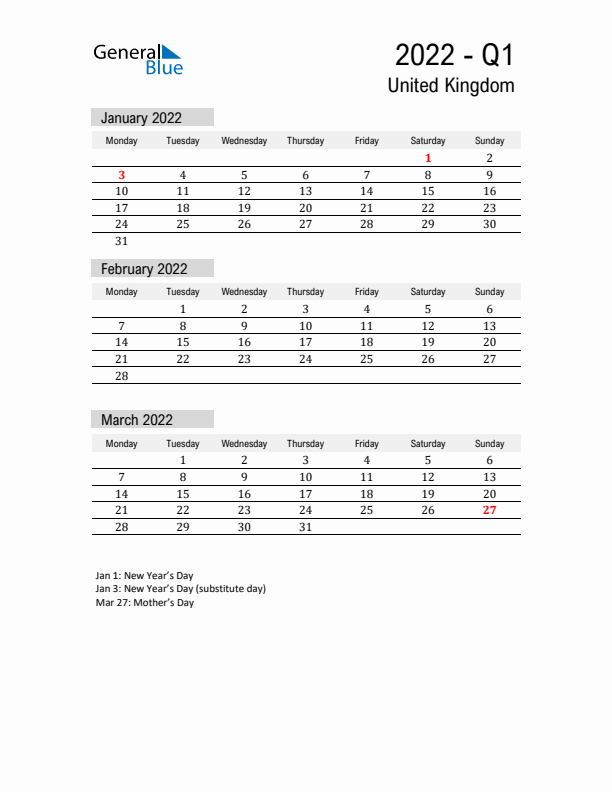 United Kingdom Quarter 1 2022 Calendar with Holidays