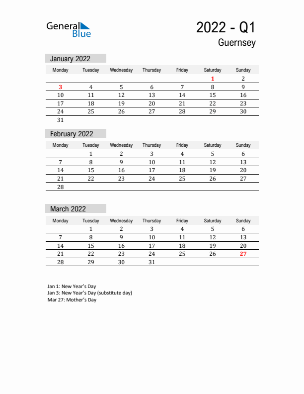 Guernsey Quarter 1 2022 Calendar with Holidays
