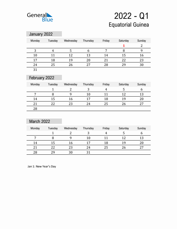 Equatorial Guinea Quarter 1 2022 Calendar with Holidays
