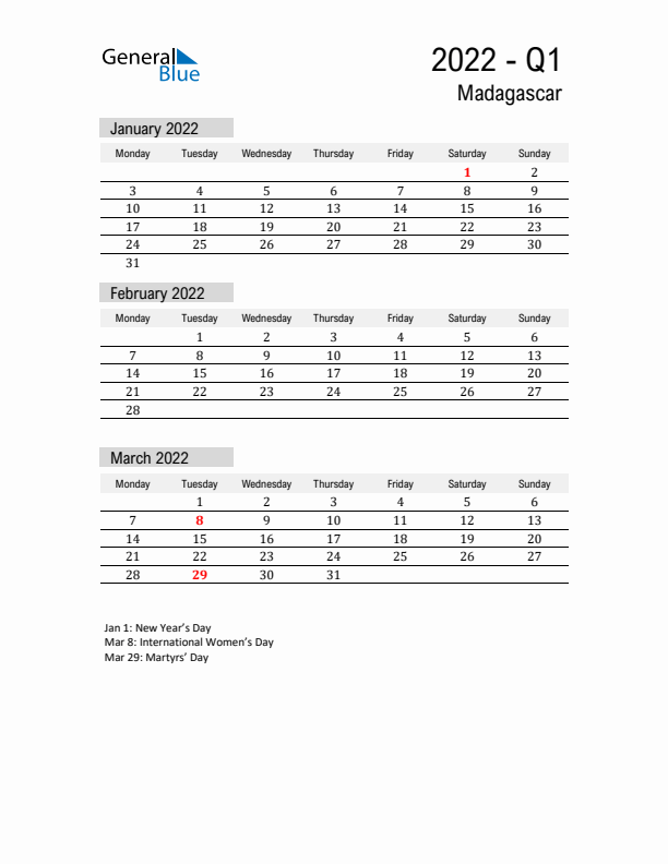 Madagascar Quarter 1 2022 Calendar with Holidays