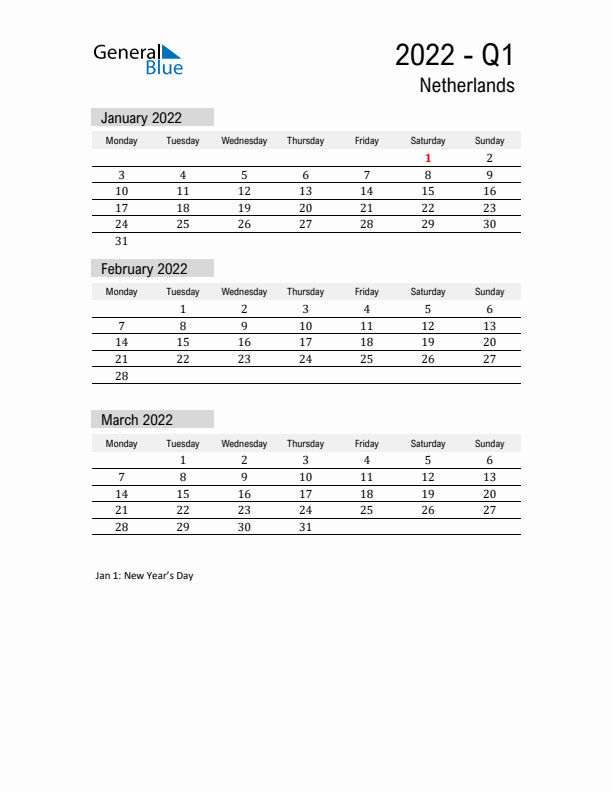 The Netherlands Quarter 1 2022 Calendar with Holidays