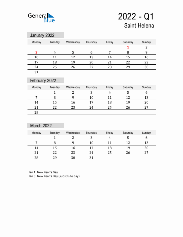 Saint Helena Quarter 1 2022 Calendar with Holidays