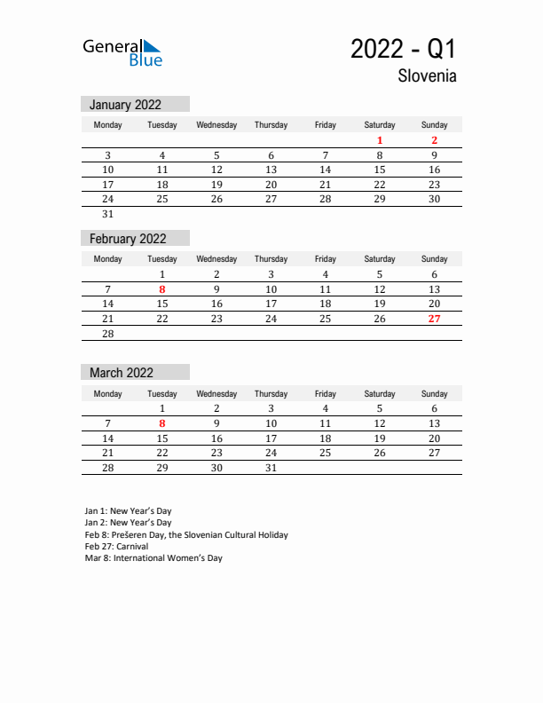 Slovenia Quarter 1 2022 Calendar with Holidays