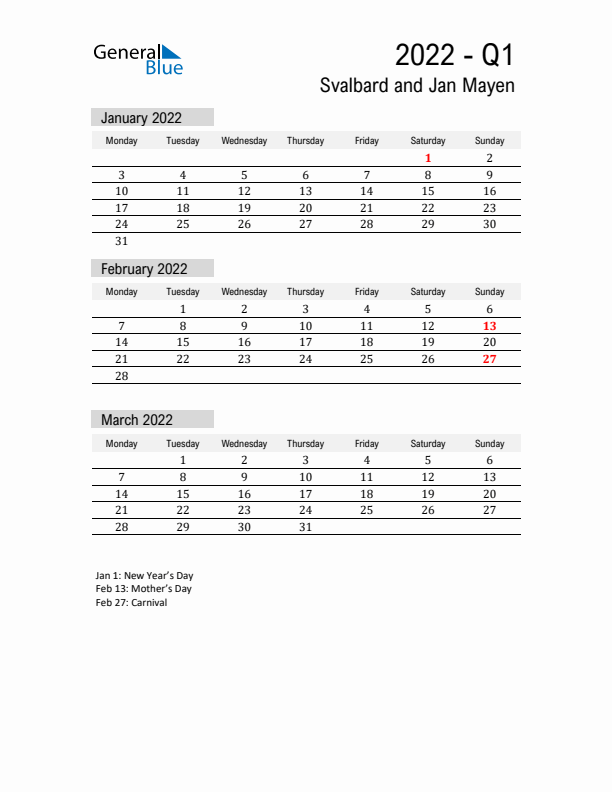 Svalbard and Jan Mayen Quarter 1 2022 Calendar with Holidays