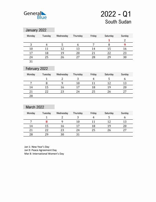 South Sudan Quarter 1 2022 Calendar with Holidays