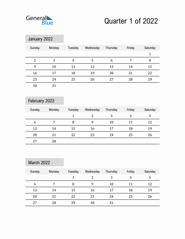 January, February, and March Calendar 2022