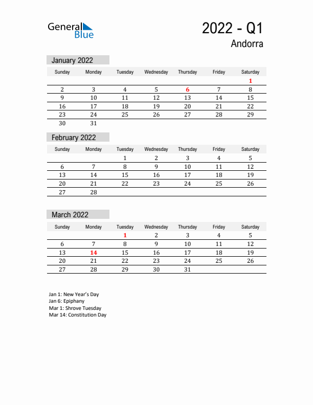 Andorra Quarter 1 2022 Calendar with Holidays