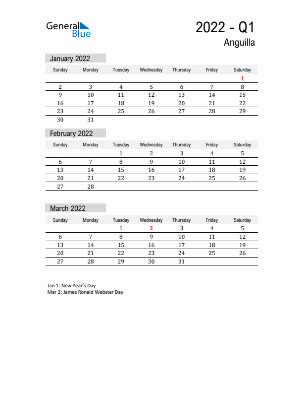 Anguilla Quarter 1 2022 Calendar with Holidays