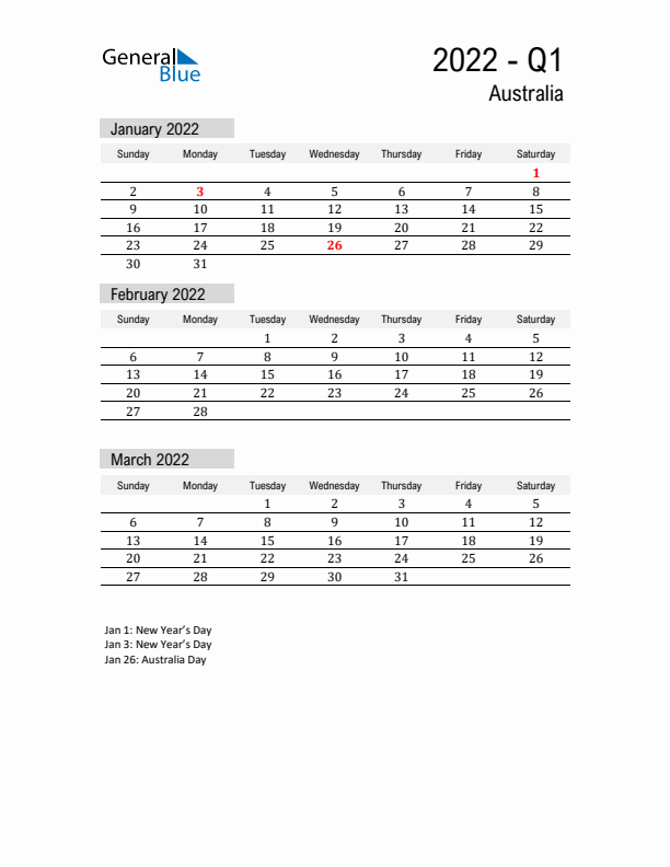 Australia Quarter 1 2022 Calendar with Holidays