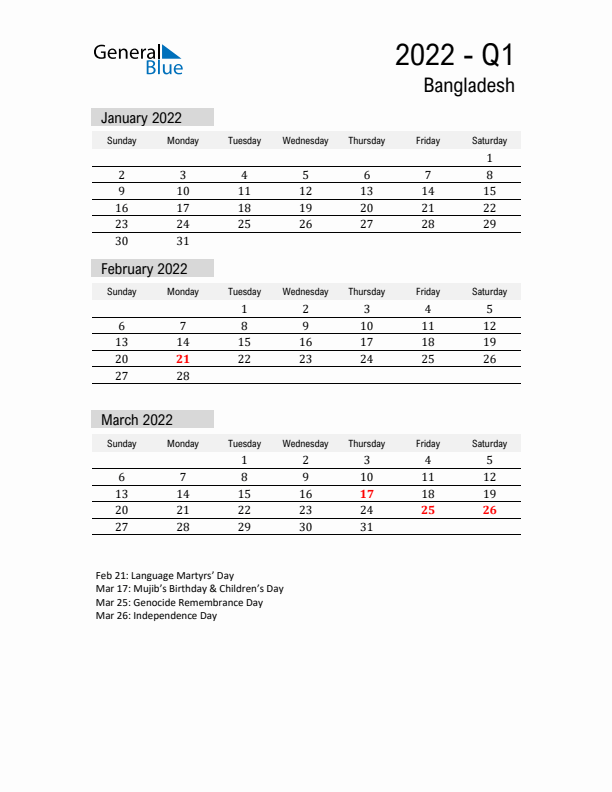 Bangladesh Quarter 1 2022 Calendar with Holidays