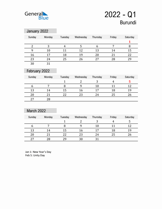 Burundi Quarter 1 2022 Calendar with Holidays