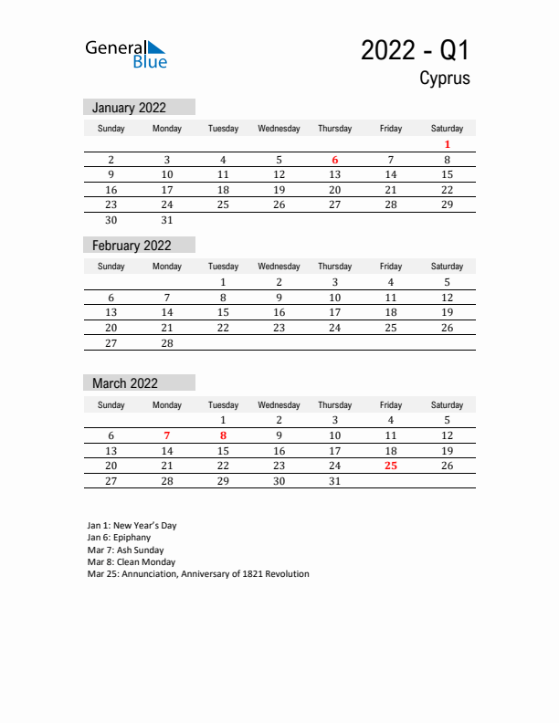 Cyprus Quarter 1 2022 Calendar with Holidays