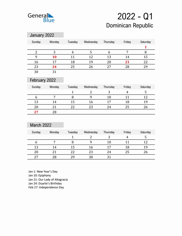 Dominican Republic Quarter 1 2022 Calendar with Holidays