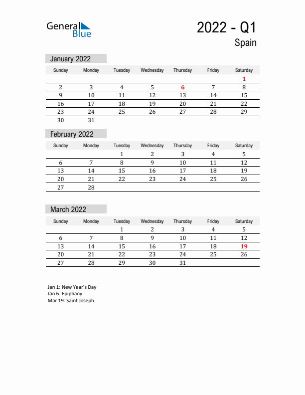 Spain Quarter 1 2022 Calendar with Holidays