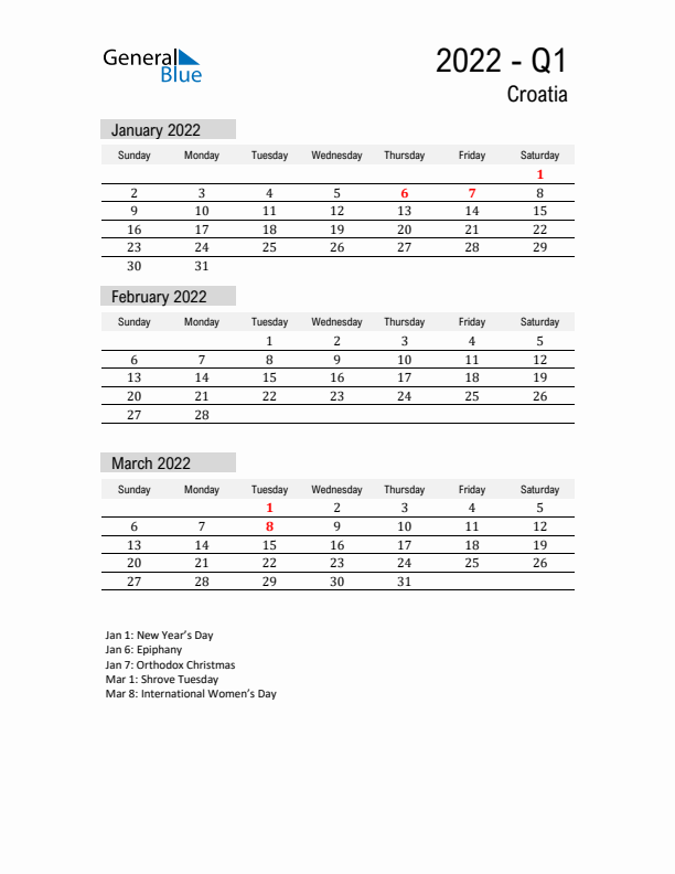 Croatia Quarter 1 2022 Calendar with Holidays