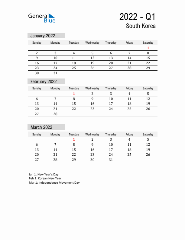 South Korea Quarter 1 2022 Calendar with Holidays