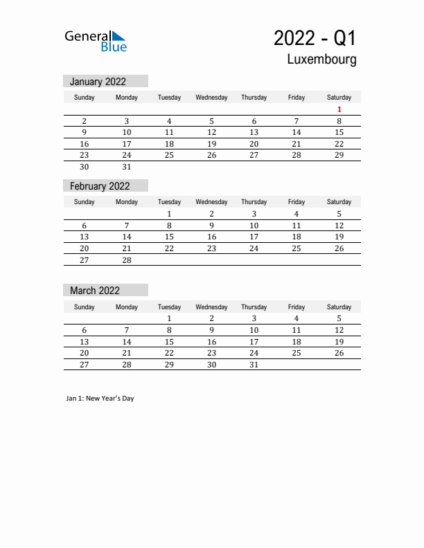 Luxembourg Quarter 1 2022 Calendar with Holidays