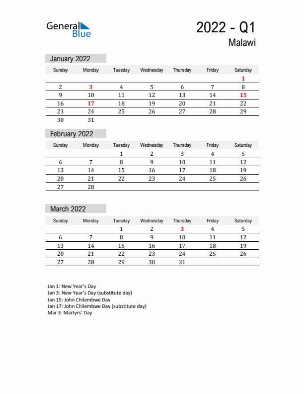 Malawi Quarter 1 2022 Calendar with Holidays