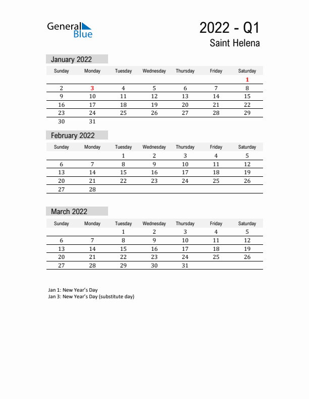 Saint Helena Quarter 1 2022 Calendar with Holidays