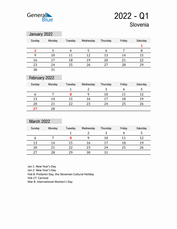 Slovenia Quarter 1 2022 Calendar with Holidays