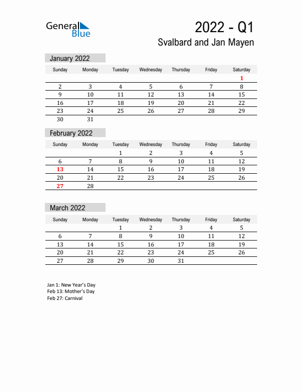 Svalbard and Jan Mayen Quarter 1 2022 Calendar with Holidays