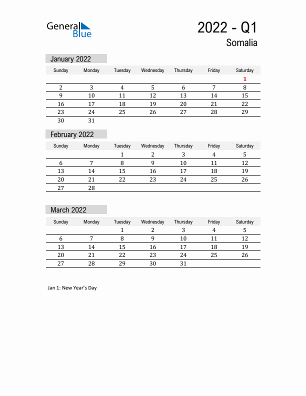 Somalia Quarter 1 2022 Calendar with Holidays