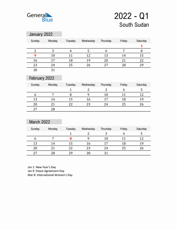 South Sudan Quarter 1 2022 Calendar with Holidays