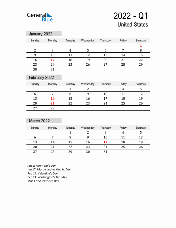 United States Quarter 1 2022 Calendar with Holidays