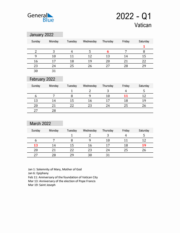 Vatican Quarter 1 2022 Calendar with Holidays