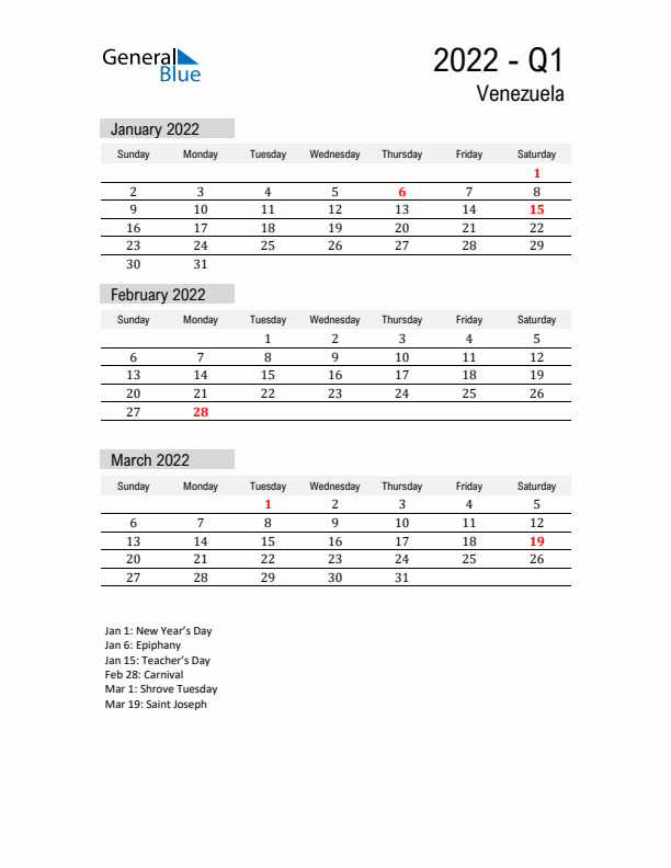 Venezuela Quarter 1 2022 Calendar with Holidays